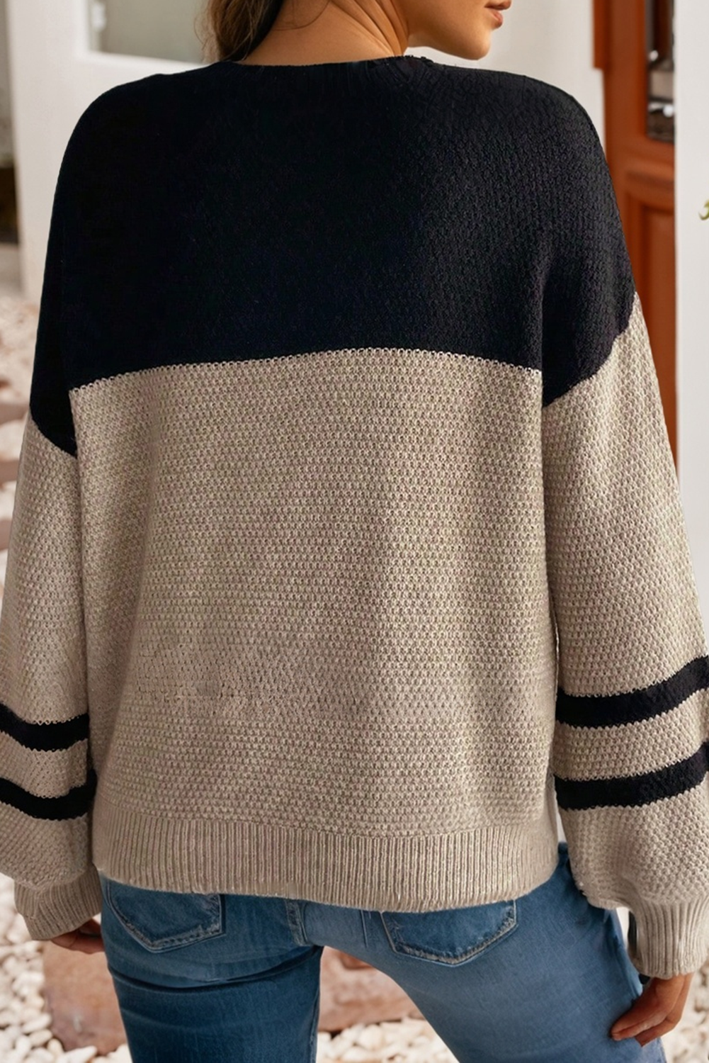 Women's Black and Tan Color Block Striped Knit Sweater
