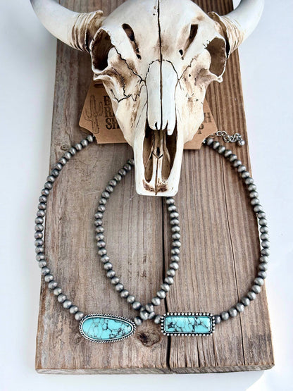 Western Turquoise Stone Pendant Navajo Pearl Choker Necklace