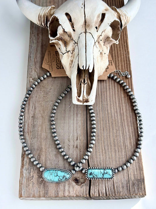 Western Turquoise Stone Pendant Navajo Pearl Choker Necklace