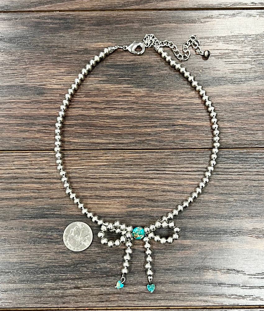 Western Silver-tone Bead, Bow Necklace