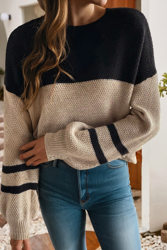 Women's Black and Tan Color Block Striped Knit Sweater