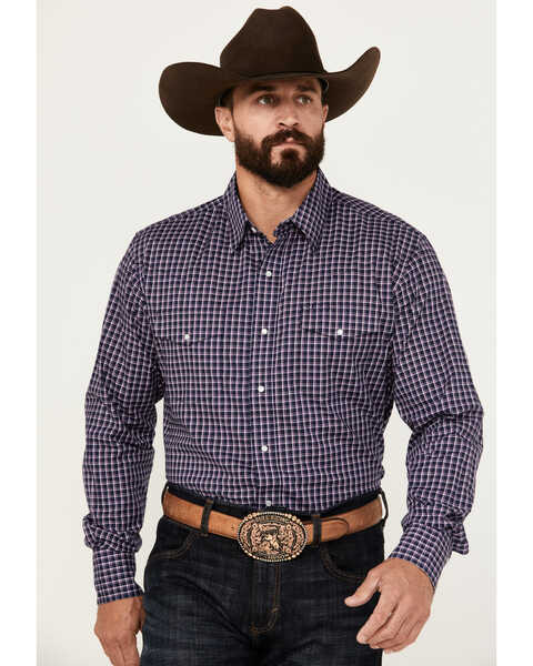 Men's Wrangler Classic Fit Pink & Navy Plaid Snap Western Shirt