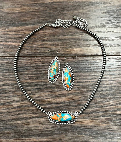 Oval Gemstone Necklace Earrings Set