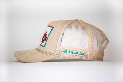 Khaki Trucker Cap with 3 Aztec Embroidered Patch
