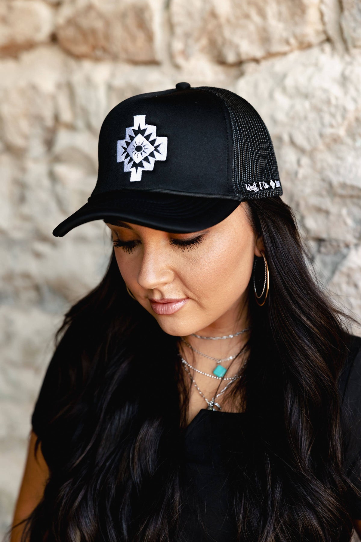 Black Trucker Cap with White Embroidered Aztec Symbol