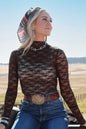 Women's Cruel Denim Brown Floral Lace Mock Neck Long Sleeve Top