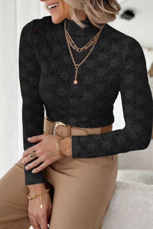 Women's Floral Lace High Neck Long Sleeve Top