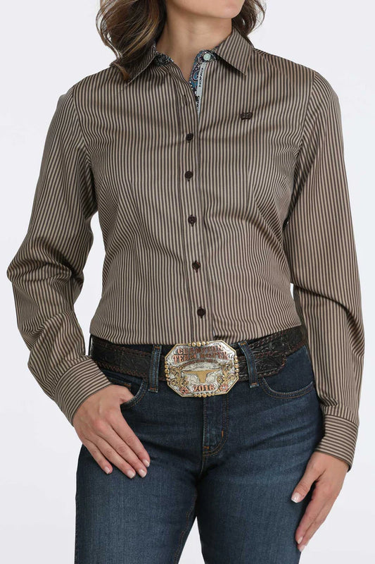 Women's Cinch Brown Stripe Print Button Long Sleeve Western Shirt