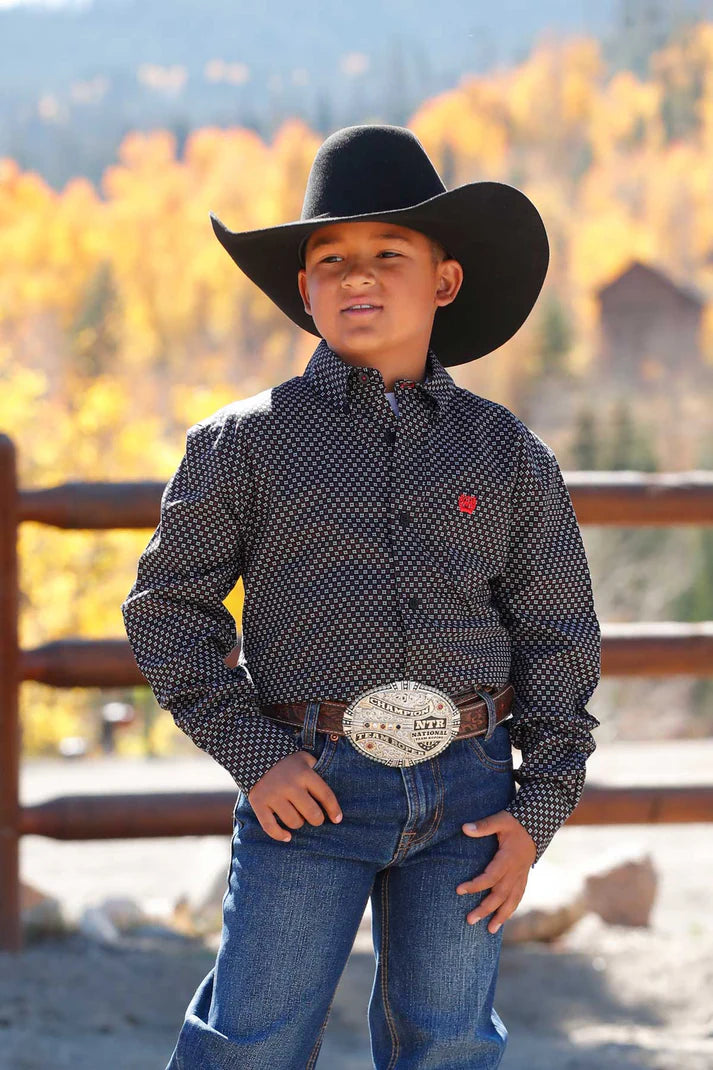 Boy's Cinch Black Geo Print Button Long Sleeve Western Shirt