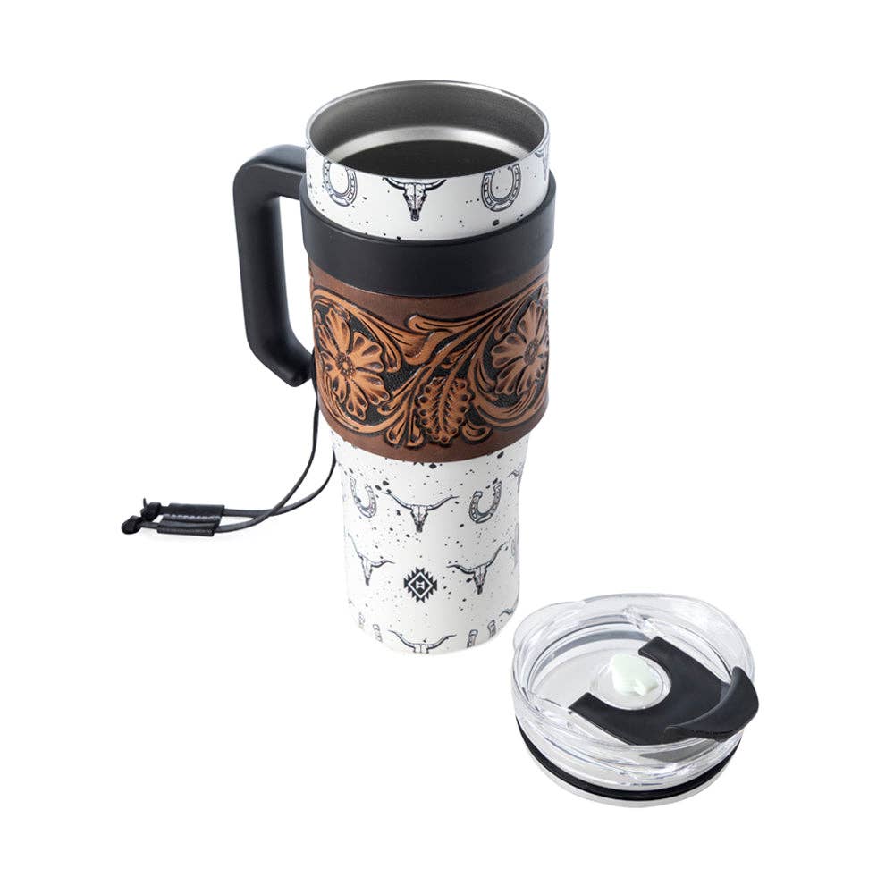 Tooled Western Tumbler in White Stainless Steel