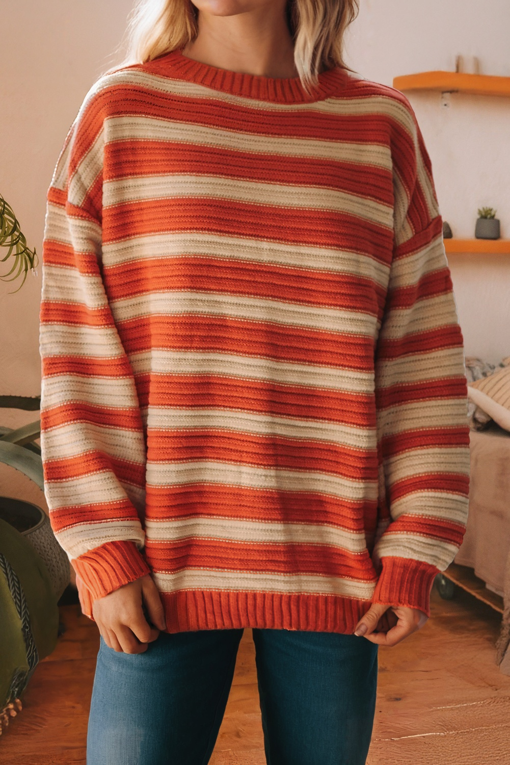 Women's Orange Stripe Ribbed Sweater