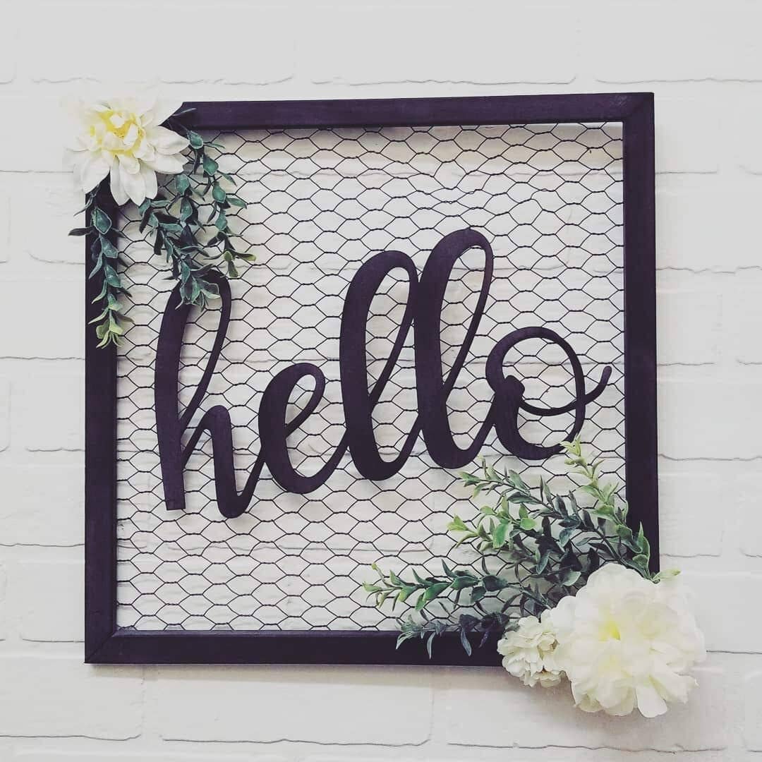 Hello Script Metal Chicken Wire Sign, Floral Decorated