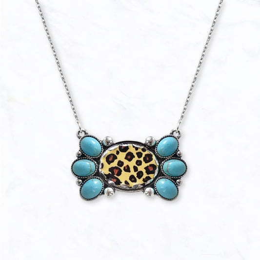 Western Turquoise & Leopard Statement Necklace