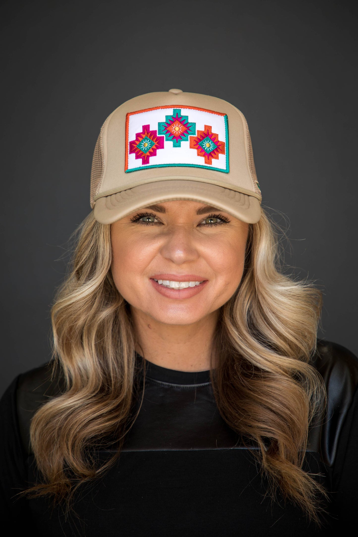 Khaki Trucker Cap with 3 Aztec Embroidered Patch