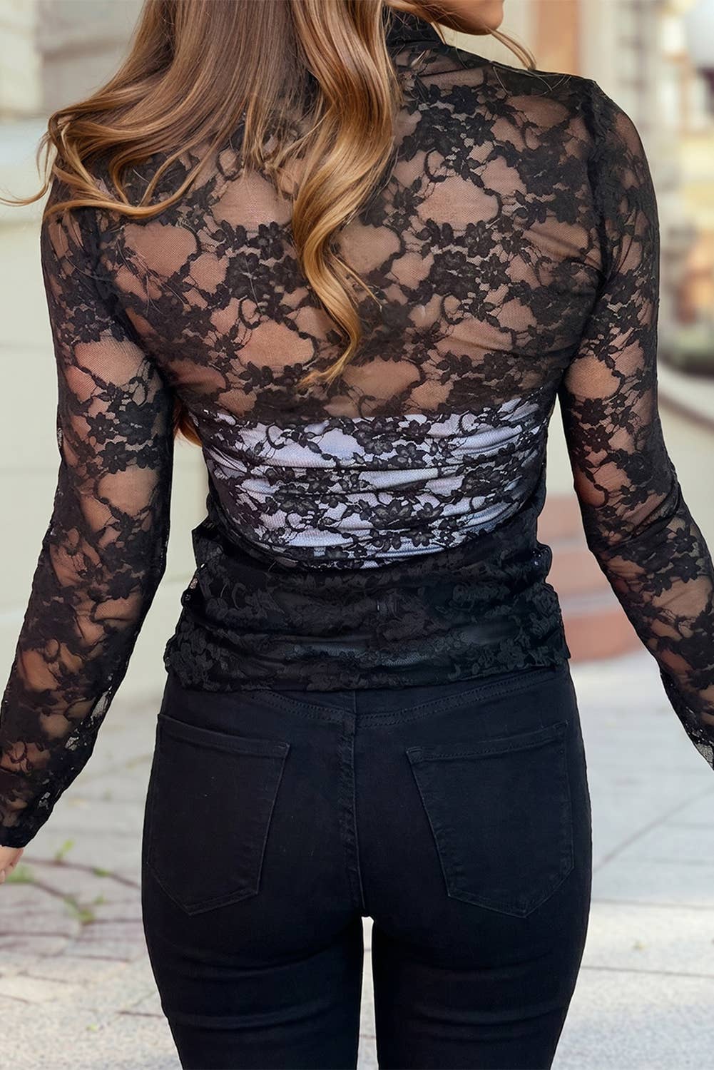 Women's Sheer Floral Lace Black Top