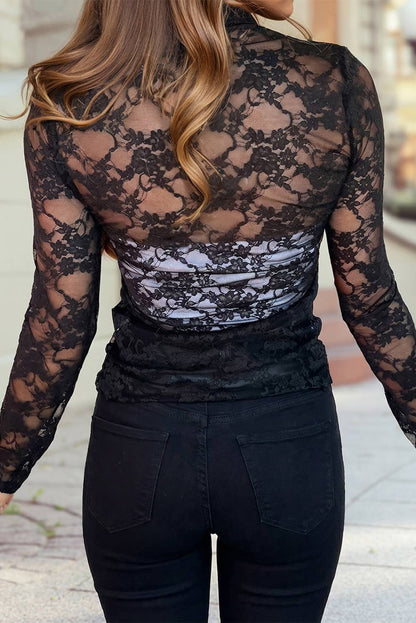 Women's Sheer Floral Lace Black Top