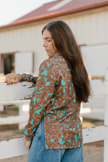 Women's Turquoise Tooled Mock Neck Sweatshirt