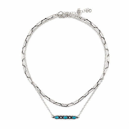 Turquoise Western Bar Layered Necklace - Silver