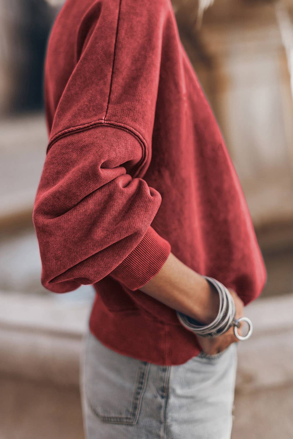 Women's Acid Washed Crewneck Sweatshirt - Red