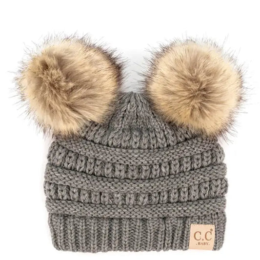 C.C. Solid Ribbed Infant Natural Fur Double Pom Pom Beanie