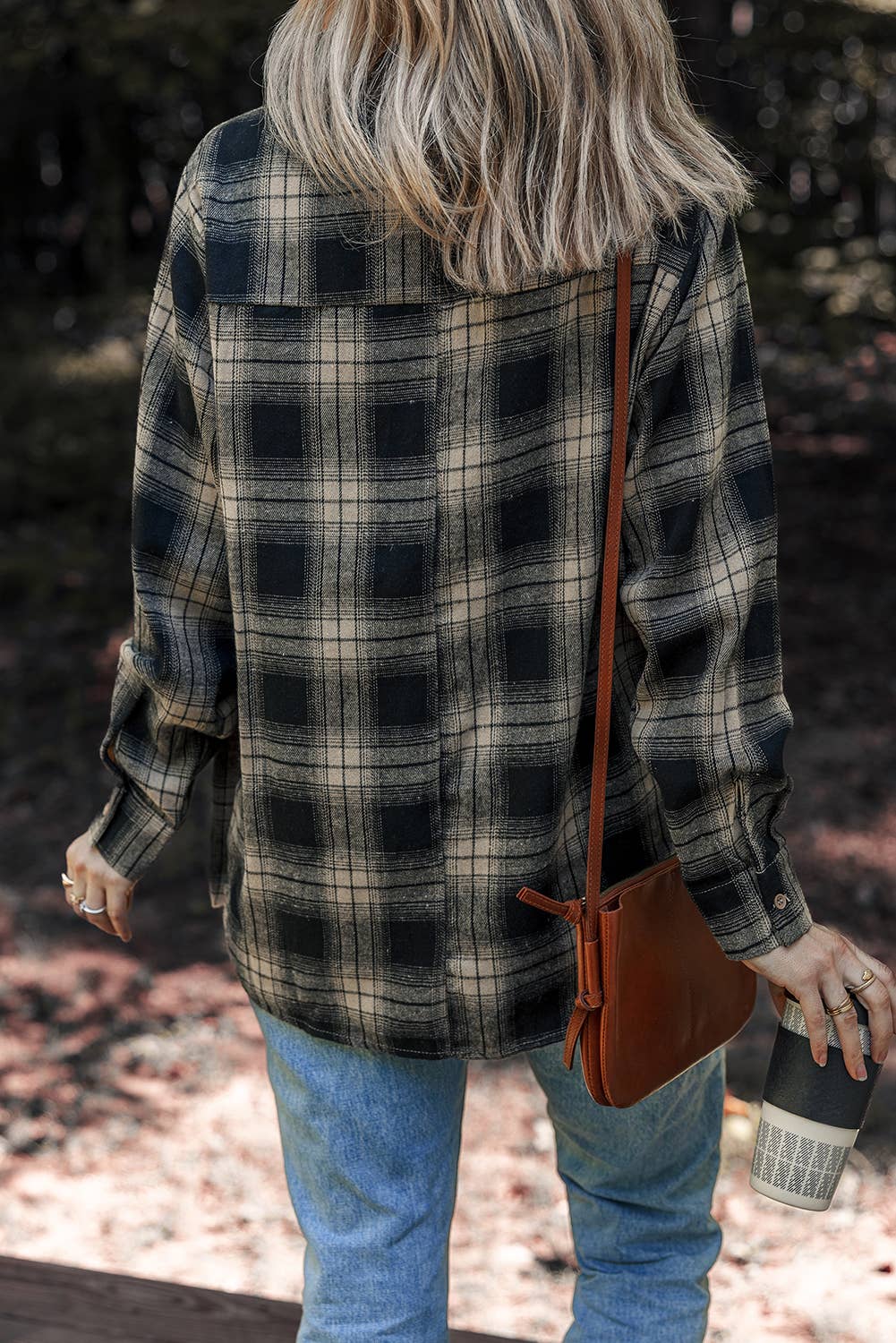 Women's Retro Plaid Button Down Shacket - Black and Cream