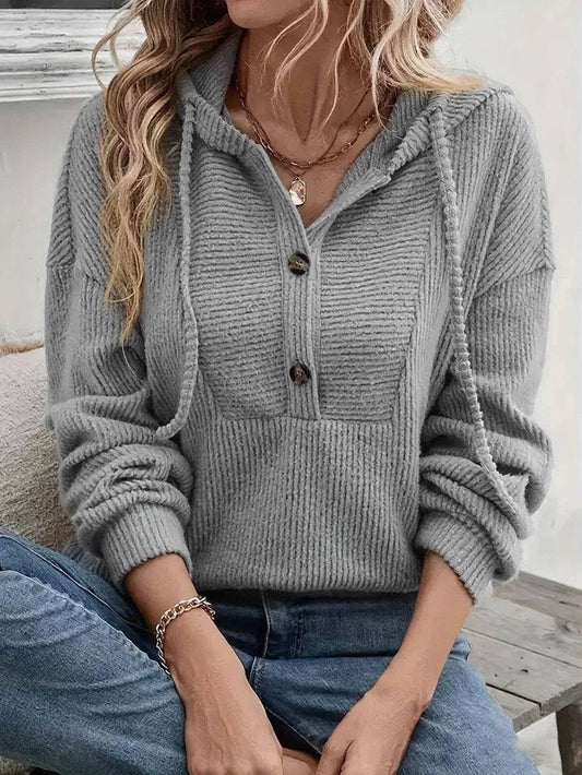 Women's Knit Button-Up Hoodie - Gray Blue