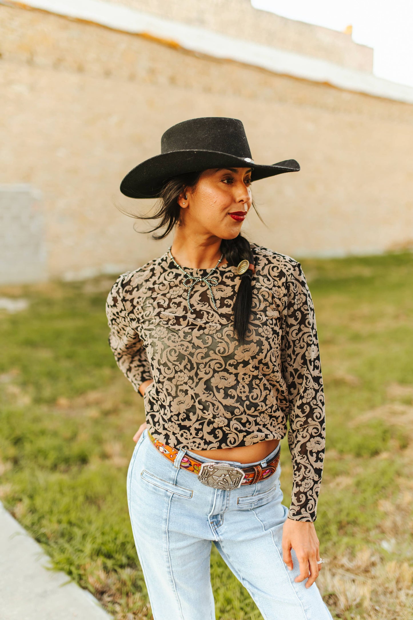 Women's Black Beige Tooled Burnout Mesh Long Sleeve Top