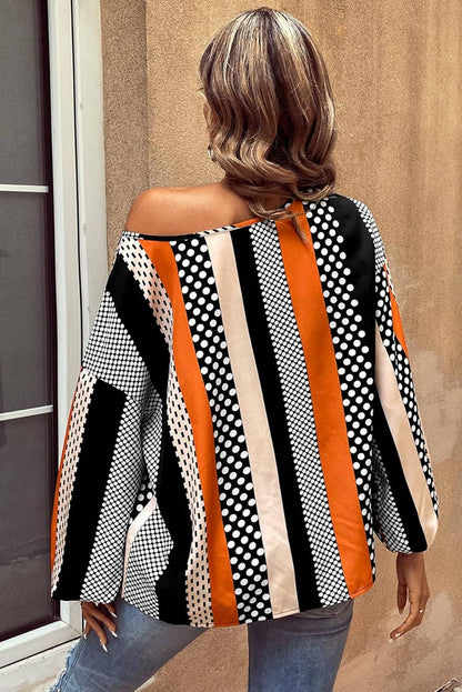 Women's Orange Polka Dot Vertical Striped Printed Puff Sleeve Blouse