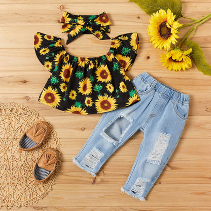 Sunflower Print Short-Sleeve Top and Jeans Set