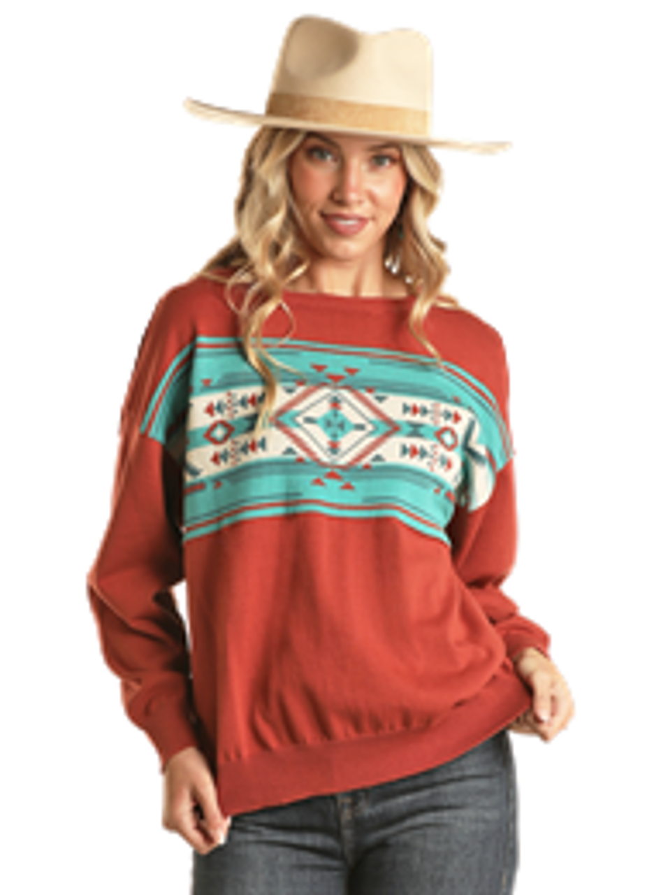 Women's Rock & Roll Denim Rust and Teal Aztec Slouchy Pullover