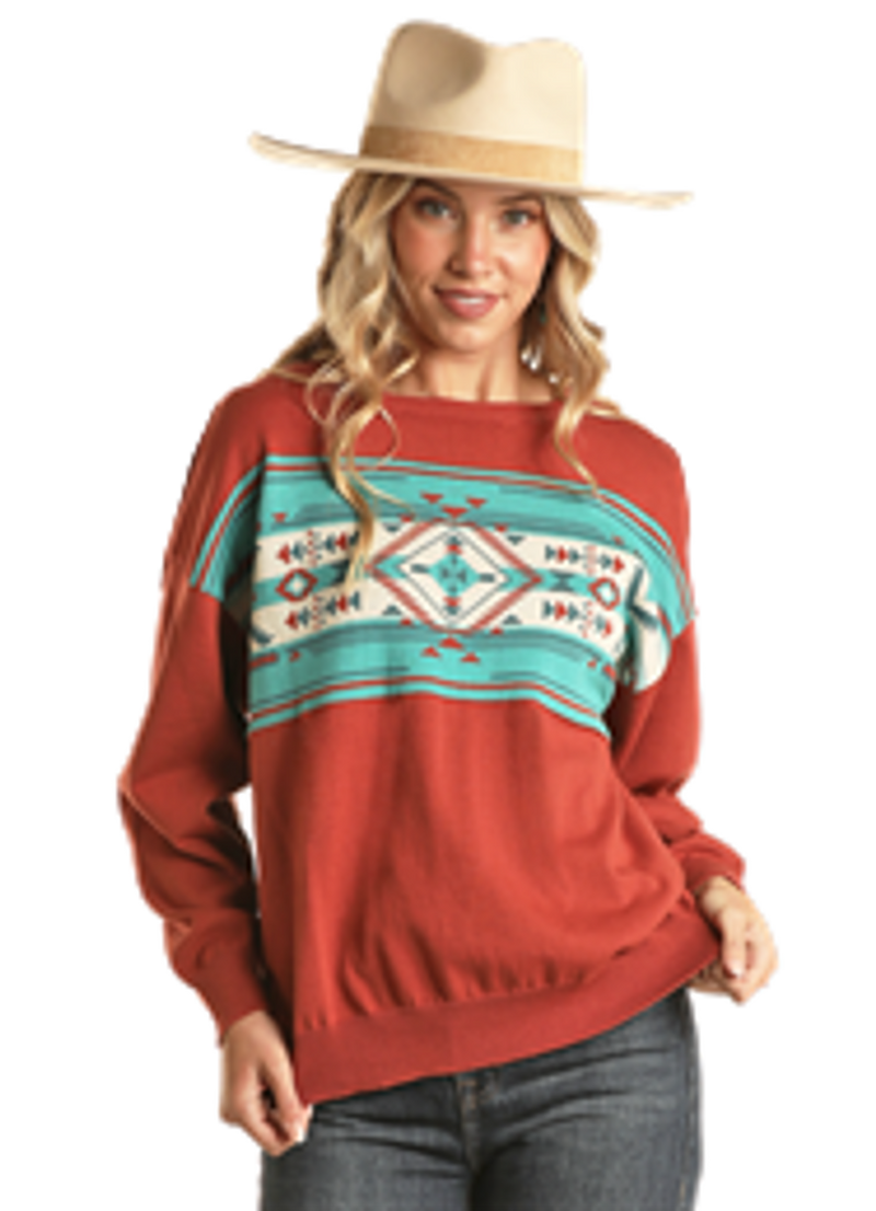 Women's Rock & Roll Denim Rust and Teal Aztec Slouchy Pullover