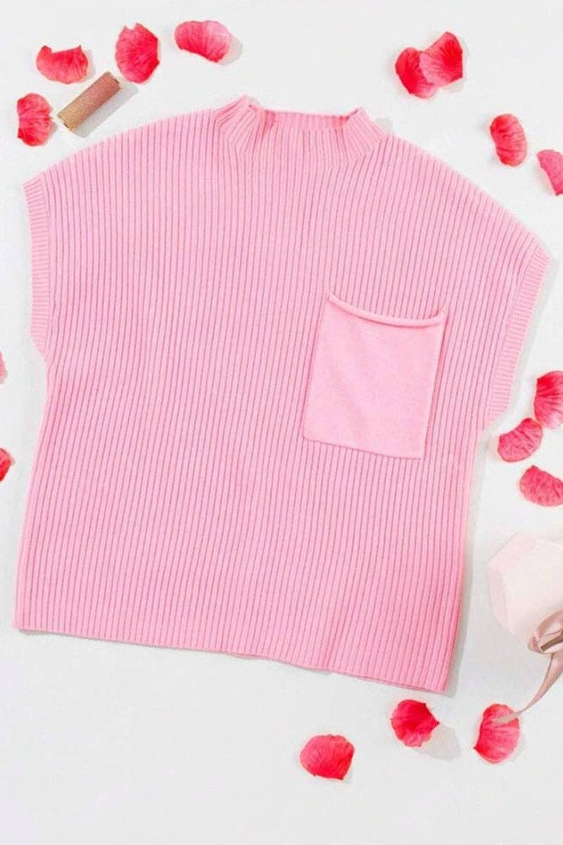 Women's Ribbed Short-Sleeve Mock Neck Sweater - Pink