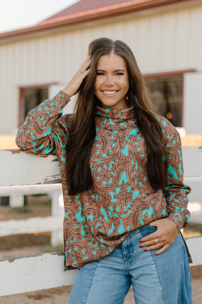Women's Turquoise Tooled Mock Neck Sweatshirt