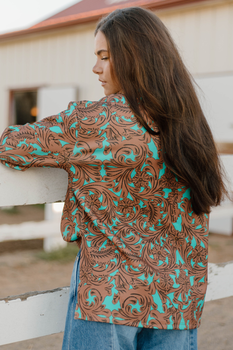 Women's Turquoise Tooled Mock Neck Sweatshirt