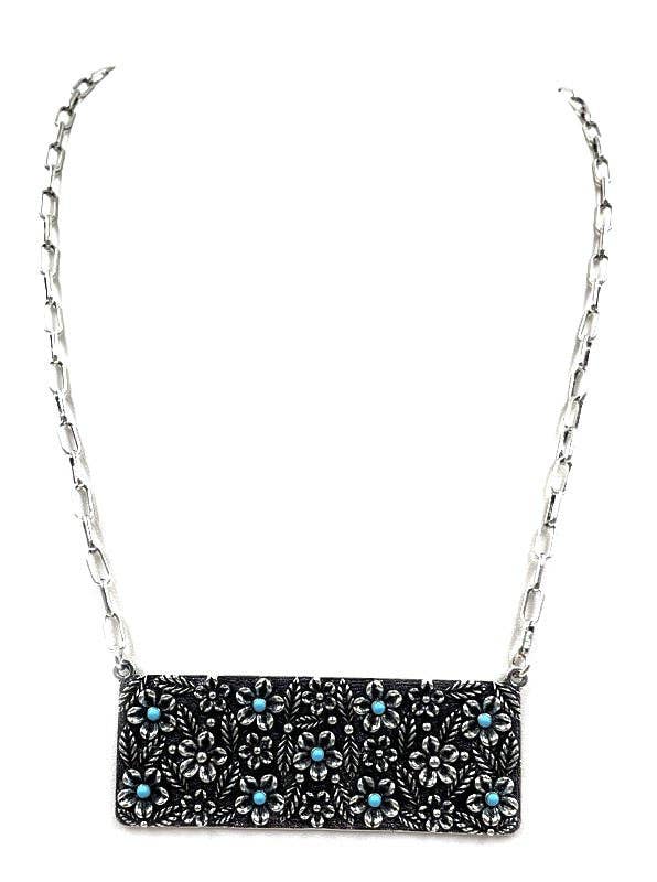 Western Flower Stone Metal Plate Necklace