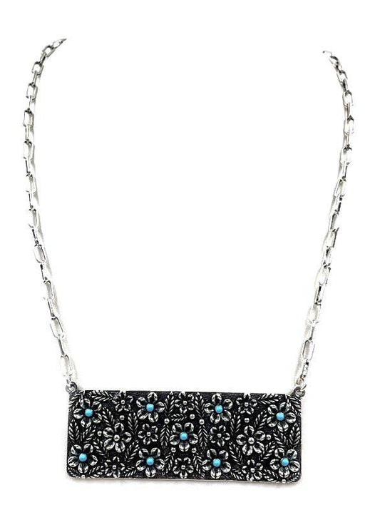 Western Flower Stone Metal Plate Necklace