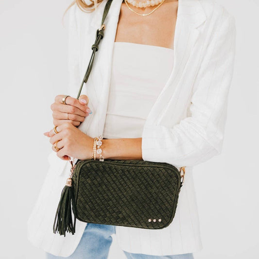 Willow Suede Woven Crossbody Bag - Olive
