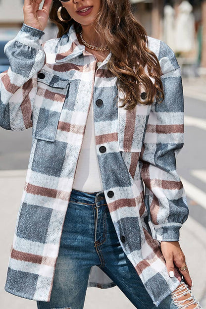 Women's Blue/Gray Plaid Print Button Up Shacket
