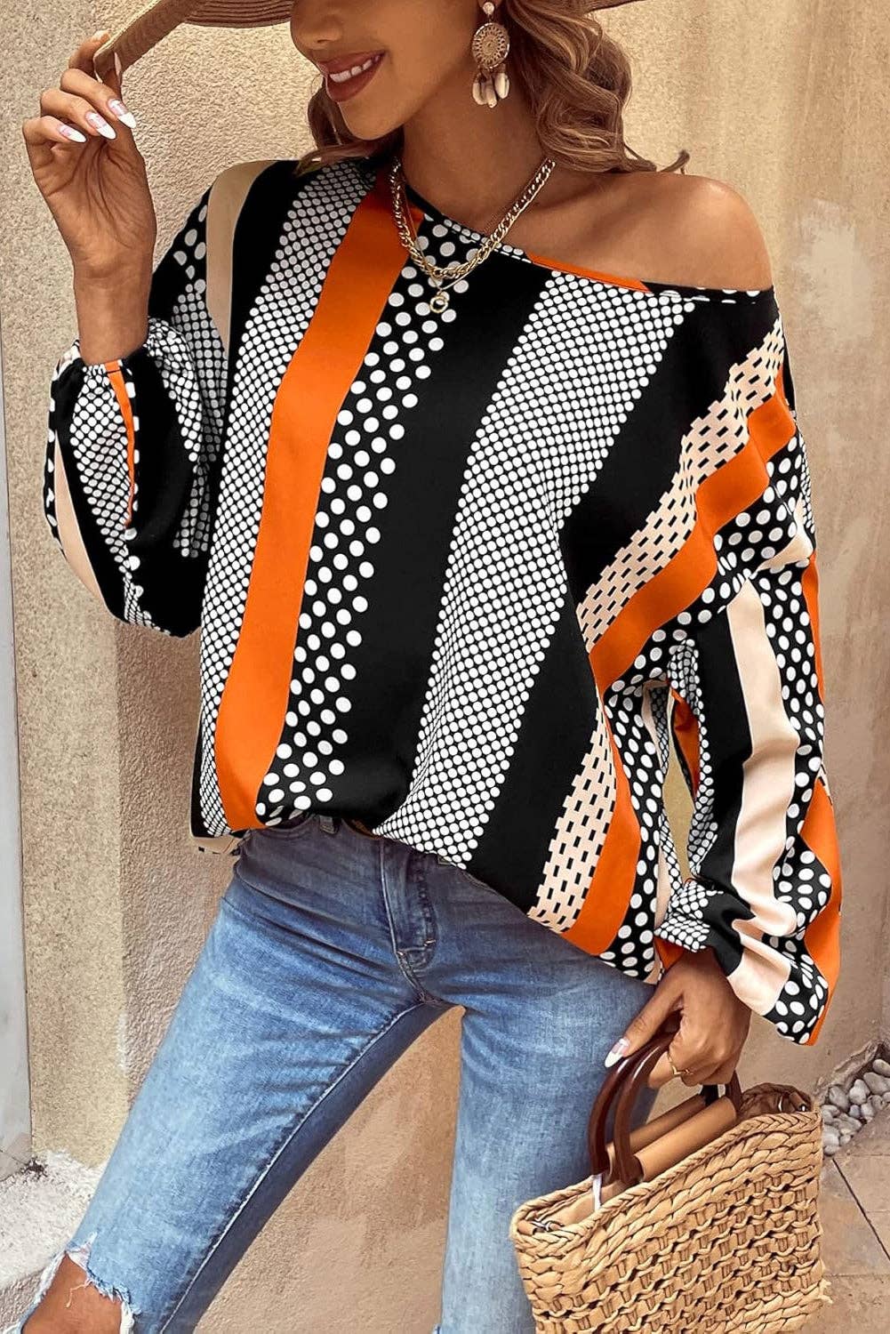 Women's Orange Polka Dot Vertical Striped Printed Puff Sleeve Blouse