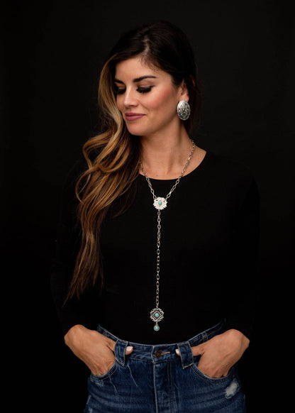 Silver Chain Lariat Necklace with Aztec Concho