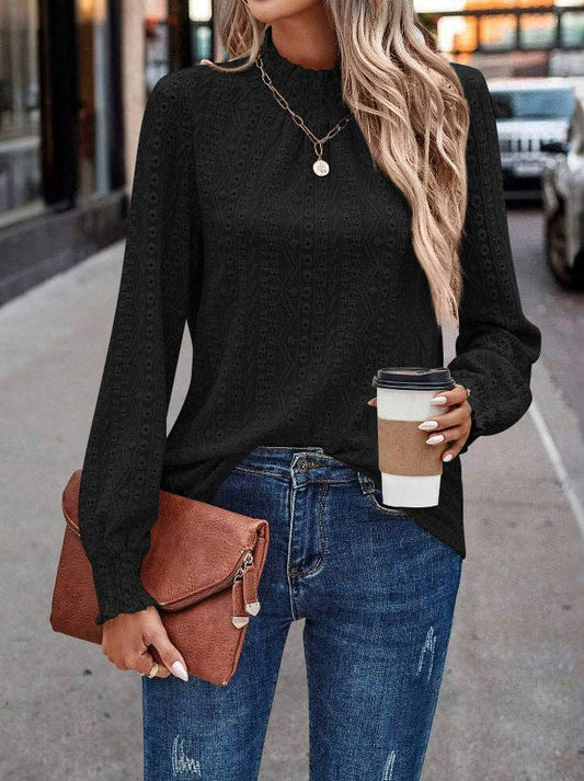 Women's Boho Jacquard Lace Blouse - Black