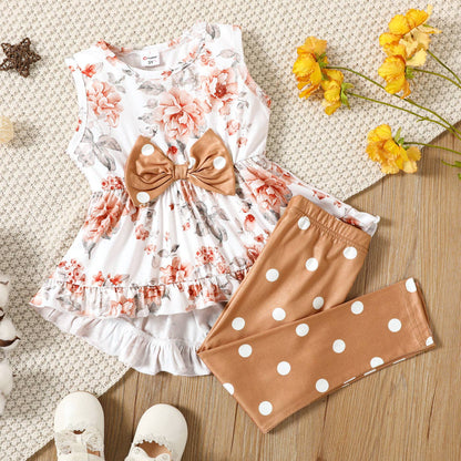 Girl's Floral Bowknot Top Polka Dots Pants Set