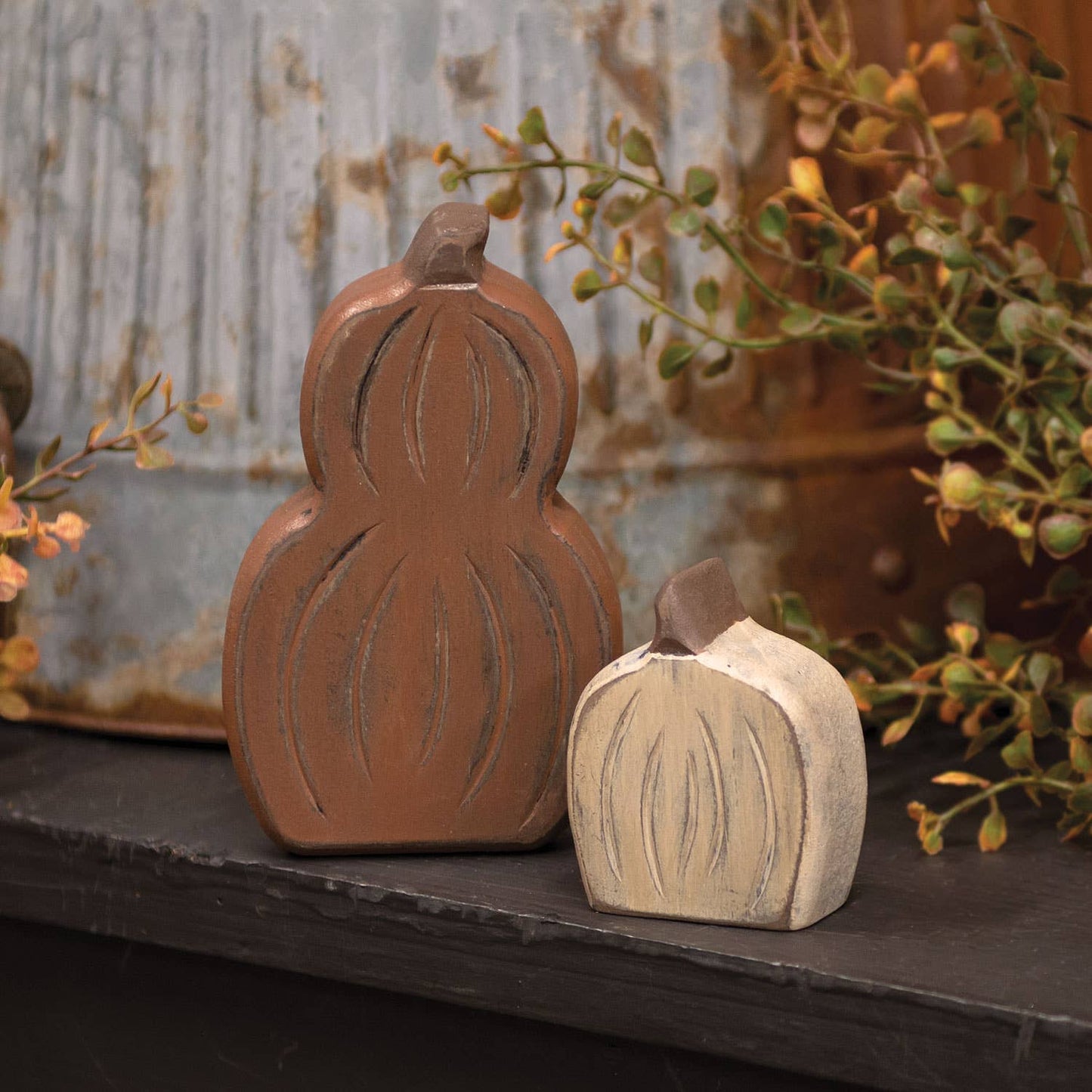Mini Engraved Wooden Pumpkin & Gourd Sitter - Set of 2