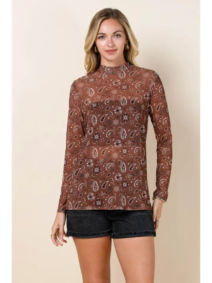 Women's Bandana Print Semi Sheer Mesh Top