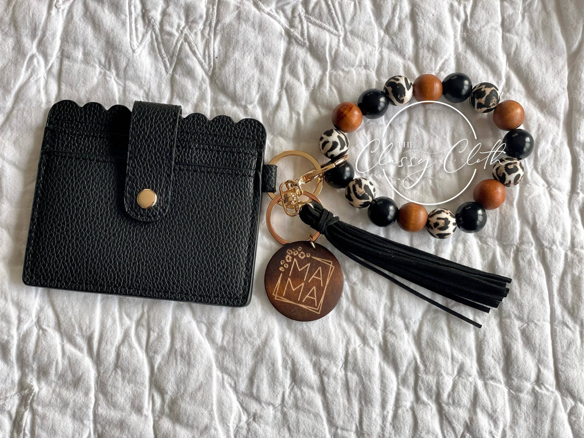 Leopard 'MAMA' Wristlet Wallet Keychain - Black