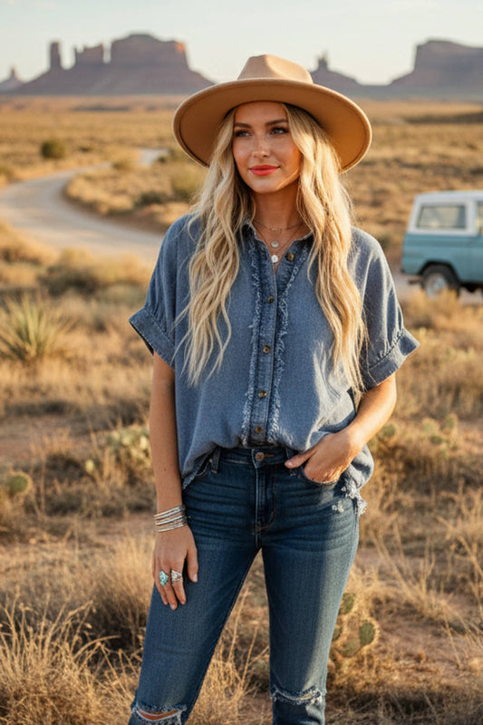 Women's Oversized Frayed Trim Denim Blouse