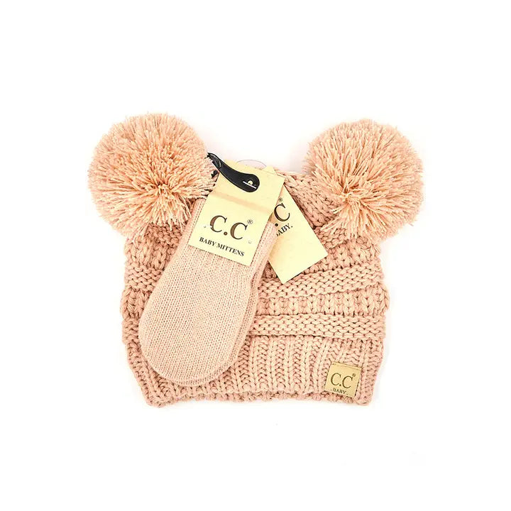 C.C. Baby Solid Ribbed Pom Beanie and Mitten Glove