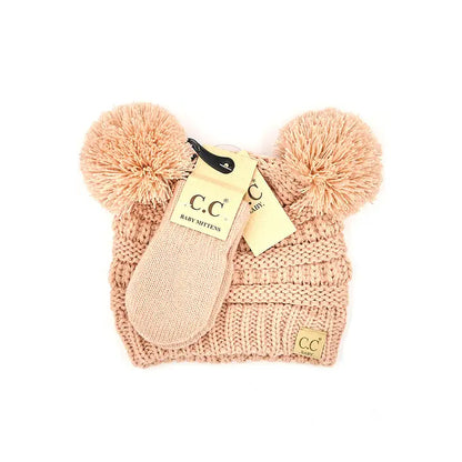 C.C. Baby Solid Ribbed Pom Beanie and Mitten Glove