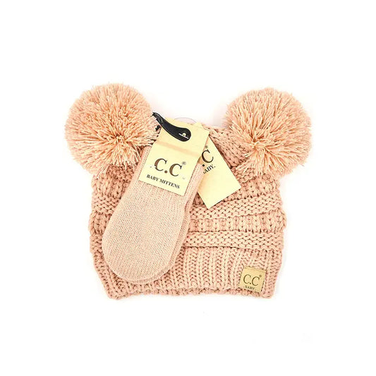 C.C. Baby Solid Ribbed Pom Beanie and Mitten Glove