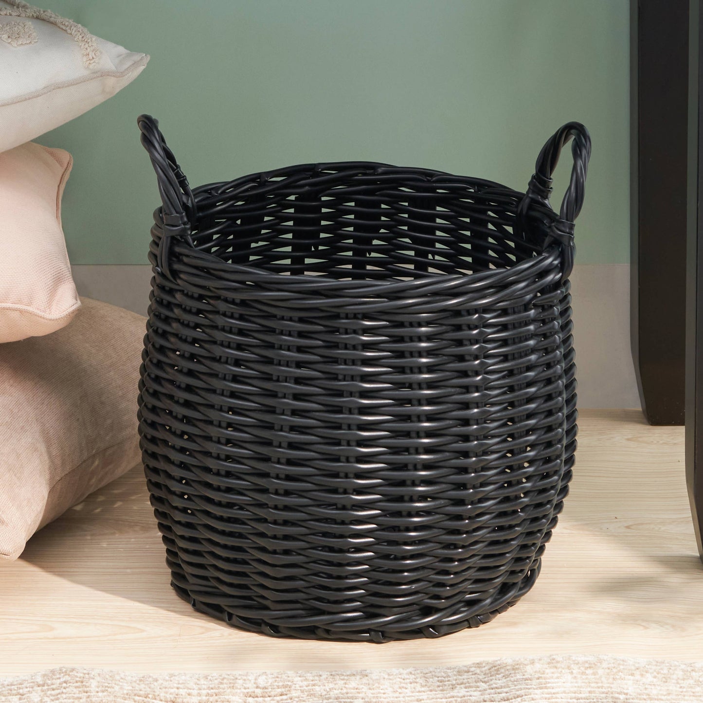 Lucius Round Resin Woven Wicker Basket with Handles